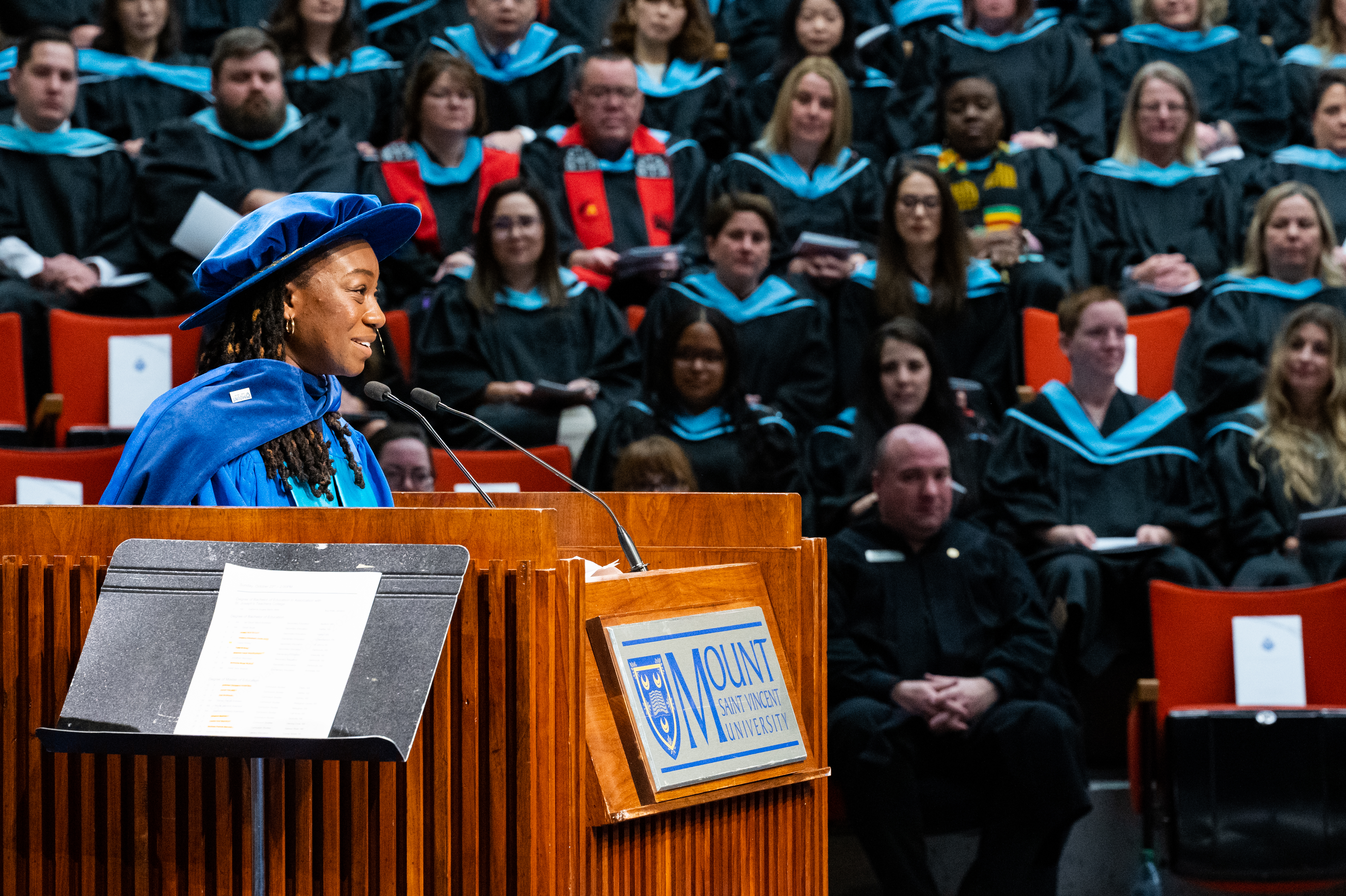 Dr. Eugenia Addy delivering the convocation address at Mount Saint Vincent University